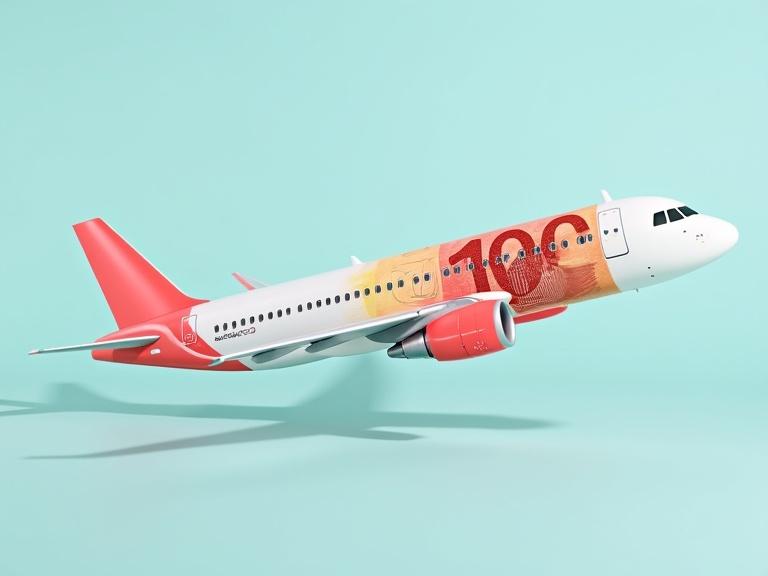 Airplane features design of 100 euro banknote. Colors include red and orange on the fuselage with a light blue background. Airplane flies smoothly in the sky.