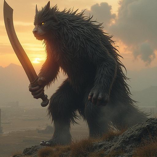A large muscular wolf-like creature stands on a rocky outcrop. The creature has thick dark fur and glowing yellow eyes. It holds a large sword in one hand. The background shows a dramatic sunset with cloudy skies. The mood is heroic and powerful.