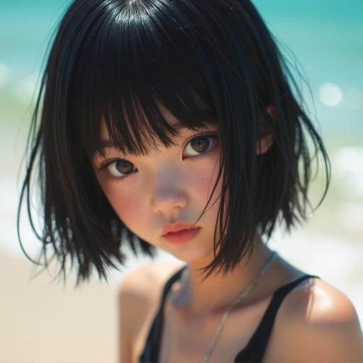 Japanese girl 18 years old with dark fully straight bob hair. Special frontlighting creates a highlighted face. Background is a sunny beach. The girl has an angry expression.