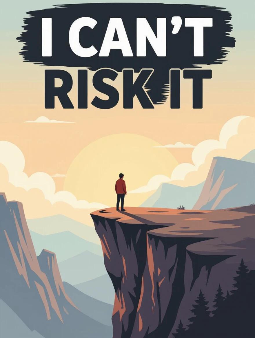 Image of a person standing on the edge of a cliff. The person looks down nervously. Represents the feeling of not wanting to take risks.