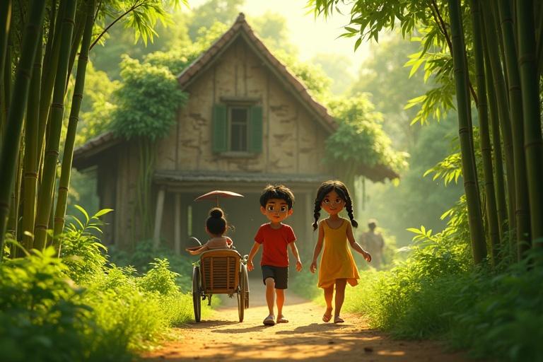 A vibrant 3D scene of a lush green village with a rustic Bengali house surrounded by a bamboo grove. Two children stepping out of a rickshaw looking at the house. Soft sunlight filters through the trees. The house has cracked walls and vines.