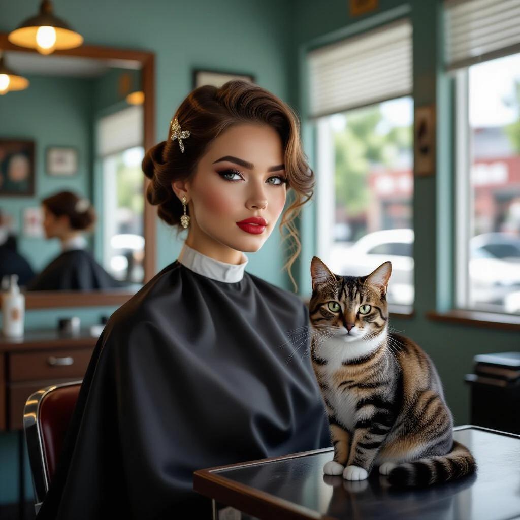 Woman sits in a barbershop. Cat with detailed fur sits on the counter. Realistic vintage interior with natural lighting. Photography shows beauty salon decor and a pet-friendly atmosphere.