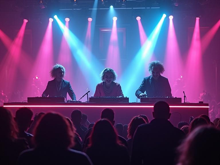 Beethoven Cleopatra Einstein as Techno DJs at a huge futuristic DJ booth surrounded by neon lights and a dancing audience realistic photo front view