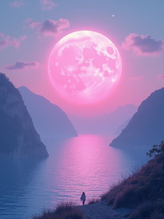 A large pink moon dominates the sky above a tranquil ocean. Mountains create a backdrop under a clear sky. Scattered clouds enhance the dreamy effect. The scene evokes feelings of peace and happiness. Ideal for album covers. Text included says 'euphoric dawn'.