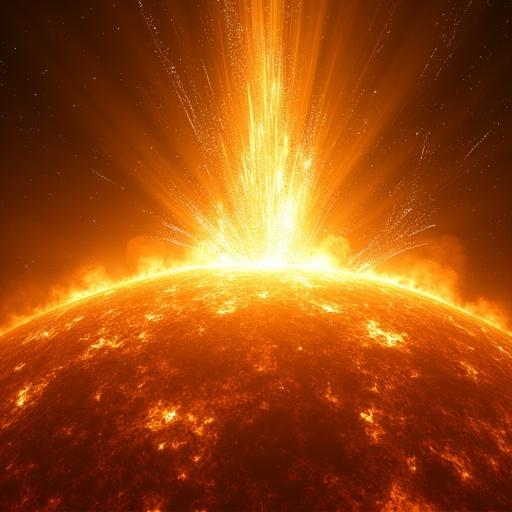 Photorealistic solar explosion depicted erupting on the surface of a giant star. A coronal mass ejection bursts outward with streams of plasma light and magnetic energy. Color details include blinding yellow molten white and nuclear orange with the deep blackness of space surrounding it. The blast captures intricate details like ionized gas flow warped magnetic lines and space distortion in ultra-high photorealism. Hypnotic shapes created by delicate sparks and heat waves are visible in the image.