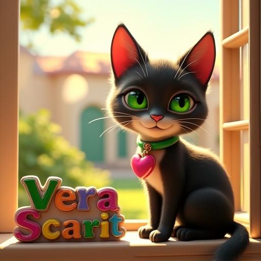 Vibrant 3D render of a glamorous black and brown tabby cat with striking emerald green eyes. Cat wears a green collar and pink heart pendant. Sits on a sun-drenched windowsill and gazes at sunlight. Fur catches light. Below, whimsical ceramic sign says "Vera" above "Scariot" in green, pink, yellow, purple, and blue. Background features serene garden with lush greenery and pastel-colored buildings.