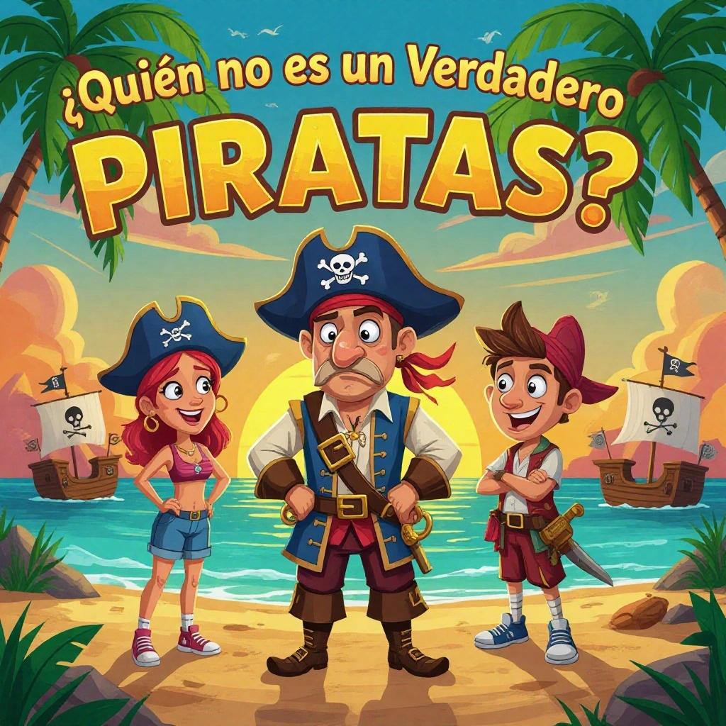 Create a vibrant cartoon-style puzzle image titled in Spanish: '¿QUIÉN NO ES UN VERDADERO PIRATA?'. The scene is set on a colorful tropical beach at sunset with pirate ships in the background. A confused pirate captain stands in the center with two characters, A and B, on either side. One character has a suspicious clue showing they are not a real pirate, such as wearing sneakers or holding a police badge. Use bright 3D letters for the title in red and gold. The image is colorful, exaggerated, and fun, designed like a comic page or children's activity book.