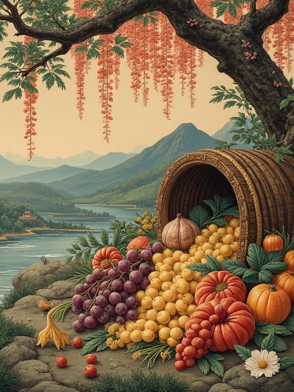 A beautiful Ukiyo-e style painting featuring a cornucopia filled with vibrant fruits like grapes, apples, and pumpkins. The scene is set in a lush mountainous landscape with a tranquil river.