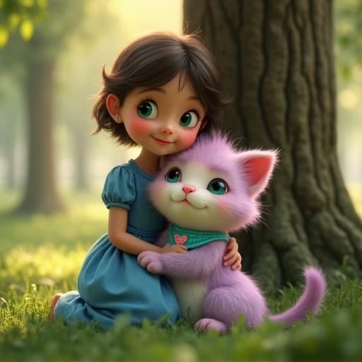 A girl in a blue dress hugs a fluffy purple kitten near a tree in a forest. The kitten has pastel fur and expressive eyes. Soft light filters through the trees creating a whimsical atmosphere.