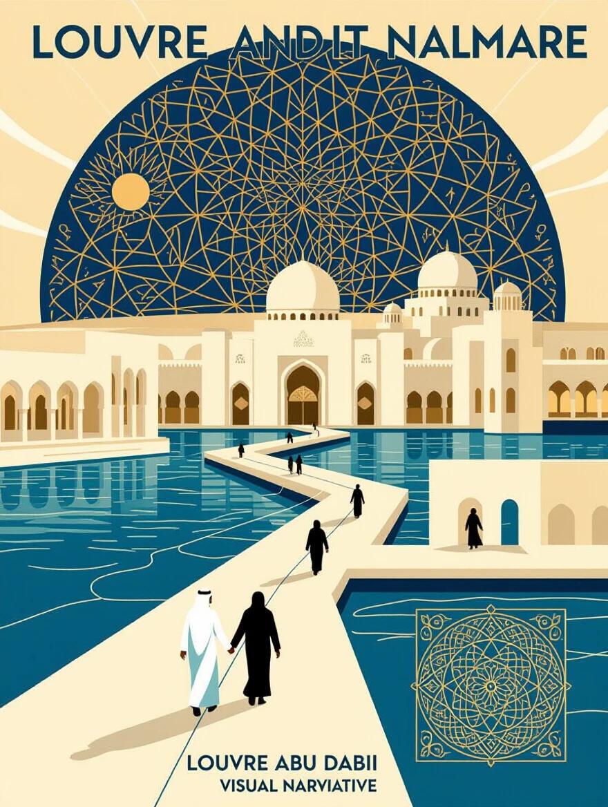 Poster design illustrating the Louvre Abu Dhabi. Showcases the architectural dome with intricate artistic details. Features a guiding light path through the museum. Harmonious color scheme evokes curiosity.