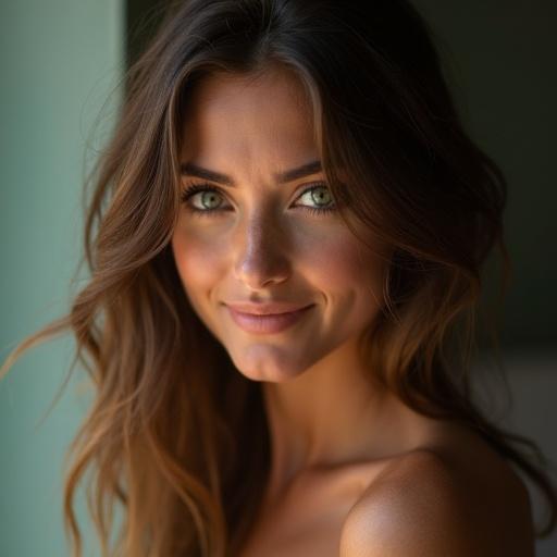 Italian model with green eyes is smiling at the camera. The model is featured in a full body view. The environment has a soft and natural lighting.