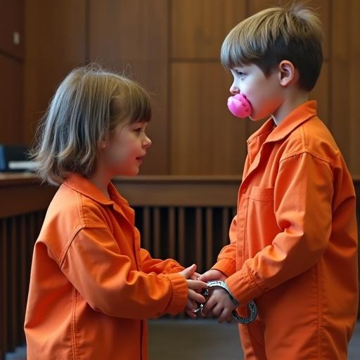 Young boy pretends as judge in courtroom. Mother and sister in orange jumpsuits with handcuffs. Mother kneels with tears. Boy acts serious with large pacifier. Sister beside him has pink pacifier and is crying. Courtroom has wooden panels and seating.