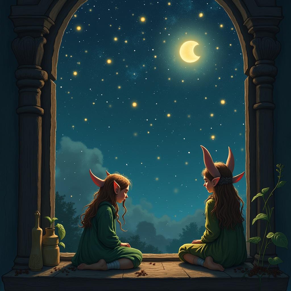 Two elves sitting by a window look at a starry night sky. The sky glows with magical names. The name Lyrix appears among the stars.