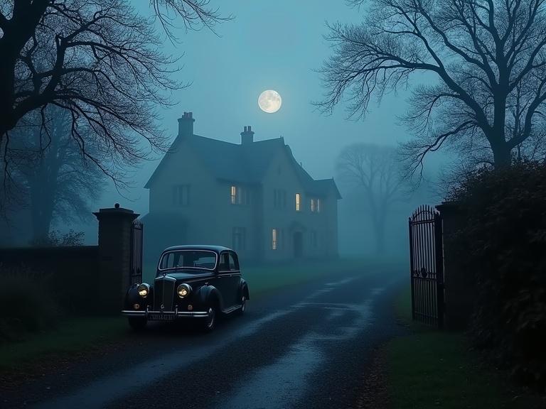 A misty English countryside scene at dusk. A lonely manor house in the background with faintly glowing windows. Bare trees create long shadows on a winding gravel path. An old-fashioned car parked near wrought-iron gates. The atmosphere feels mysterious and elegant, suggesting suspense and supernatural elements.