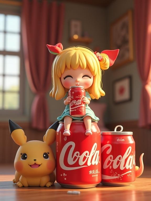3D illustration of a cute blonde girl drinking Coca-Cola sitting on a large Coca-Cola can with a little Pokemon character in a cozy room