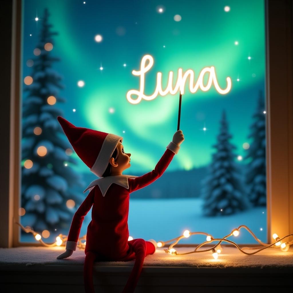 An elf on a shelf with back to viewer faces northern lights. Elf dressed in red outfit and hat holds a magic wand to write the name 'LUNA' in the sky. Snow-covered trees and twinkling stars in background. Soft glowing lights add a whimsical feel. Elf engaged in festive Christmas activity.