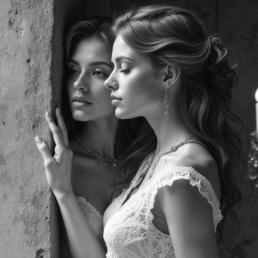 Highly detailed black and white drawing of two figures wearing lace in a grotto setting. Light from chandeliers enhances their beauty. Portrait captures an elegant atmosphere.