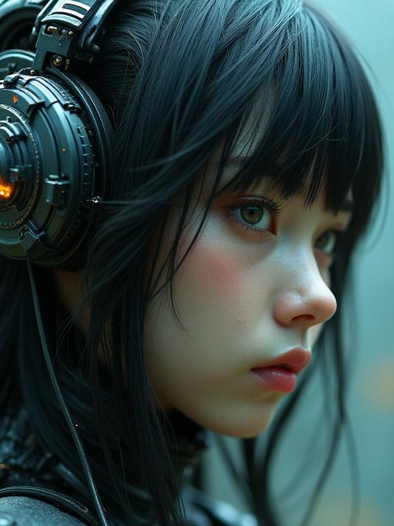 Portrait of a cyberpunk android girl. Scene highlights organic and mechanical elements. Subject with piercing gaze. Atmosphere conveys dystopian theme. Inspired by Tsutomu Nihei's art style. Hyper-detailed features emphasize rawness of the environment.