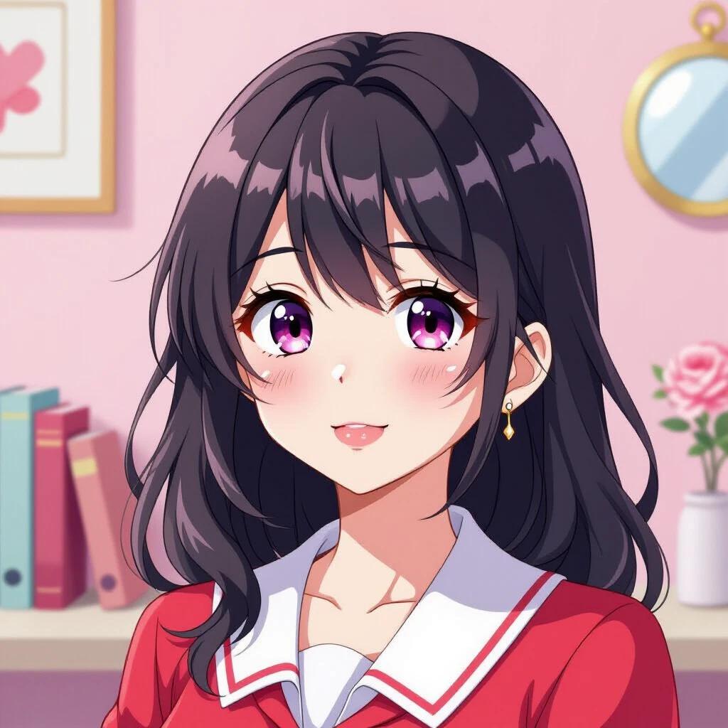 Anime character with long hair. Wearing a red outfit. Surrounded by school items like books and a mirror. The background is pastel pink. Looks youthful and stylish.