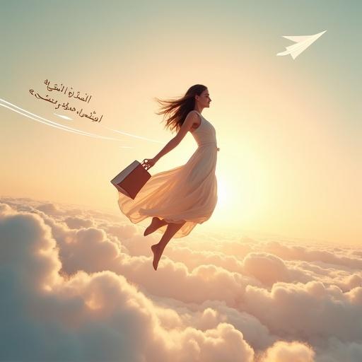 A stylish advertisement for free air shipping on women's fashion. A young woman in a flowing dress floats above clouds. Shopping bags in hand. Golden sunlight glows behind her. Paper airplane symbol represents fast delivery. Fashion and travel elements in the background. Arabic text indicates free shipping for women's clothes.