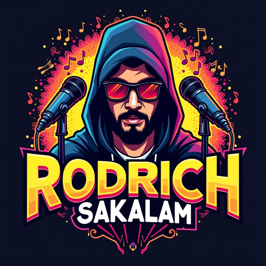 Colorful logo design for a fanpage for Indian rappers. Central figure has sunglasses and a hoodie. Two microphones are present. Background includes musical notes and swirls. Text 'RODRICH SAKALAM' is bold and stylized.