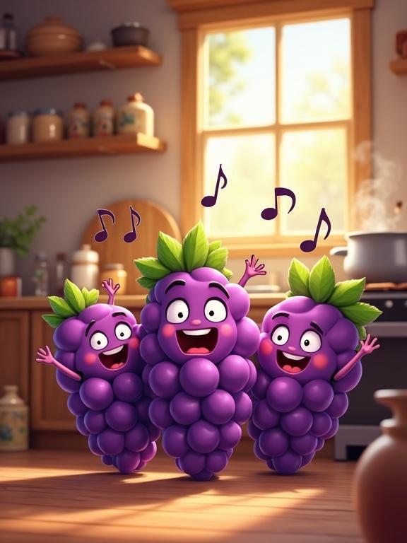 Animated grape characters in a cozy kitchen. Grapes have cute faces, singing with arms raised. Kitchen has wooden countertops, a stove, and shelves. Bright colors like purples and greens. Musical notes in the air.