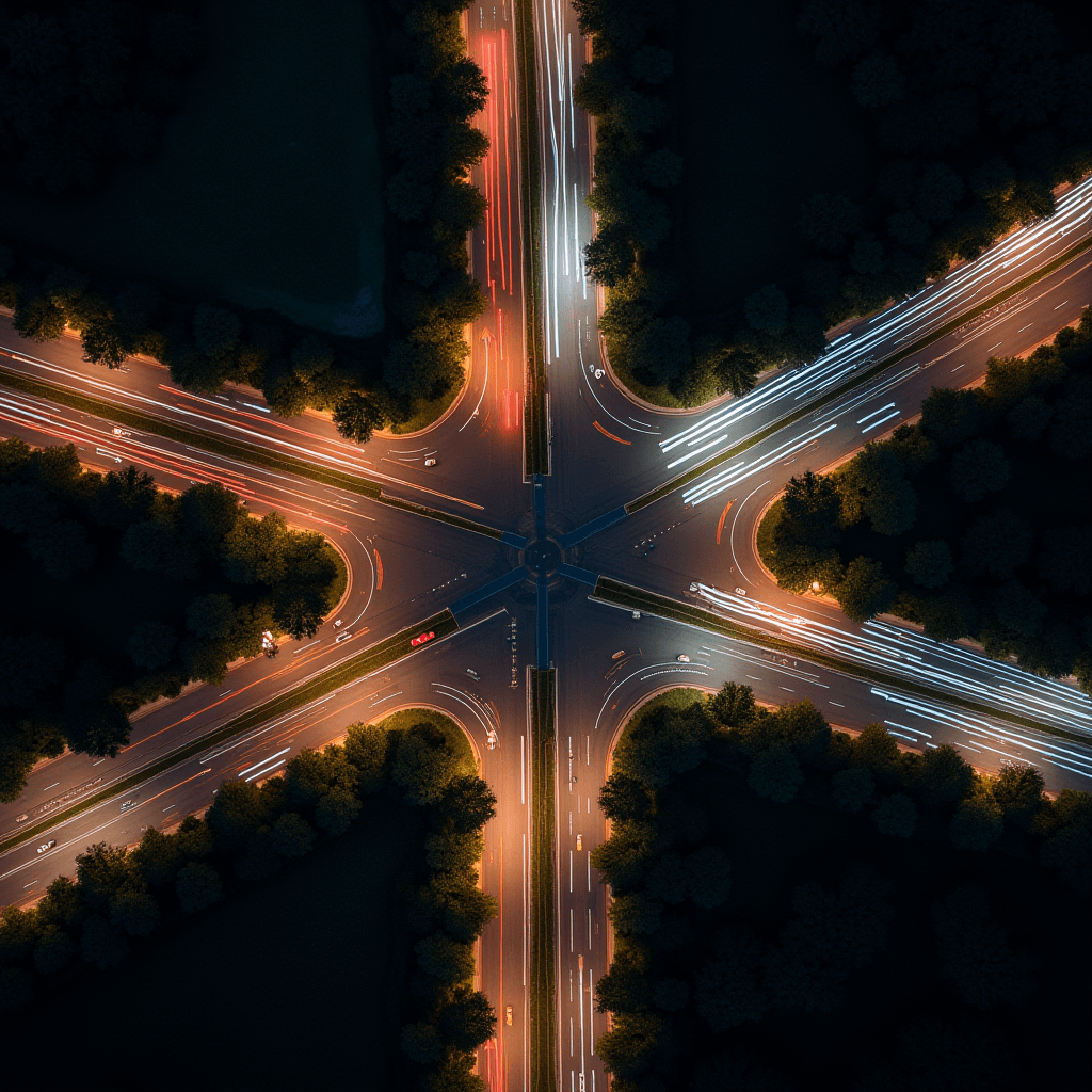 An aerial view of a bustling intersection at night, with streaks of light from vehicles creating a vibrant X-shaped pattern surrounded by darkened foliage.