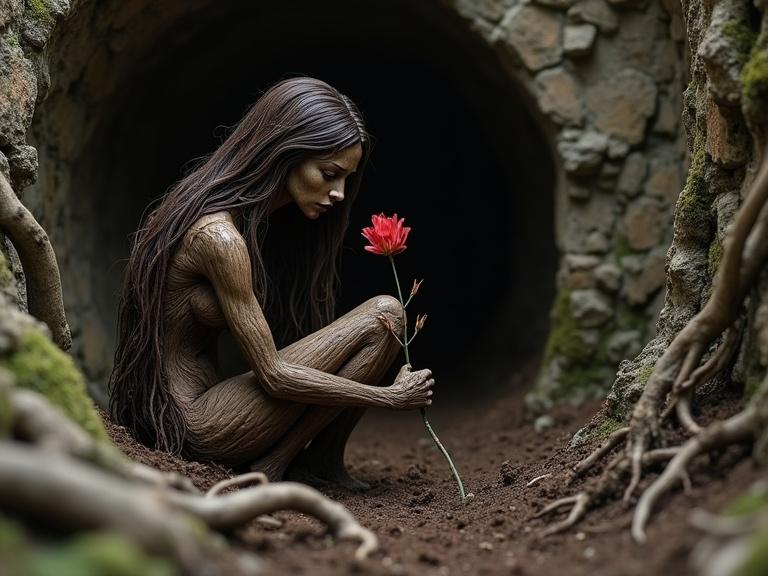 Dark ethereal figure sculpted from gnarled wood sits in a subterranean space. Woman form with long dark hair like roots holds a vibrant crimson flower. Sad expression with wood-like skin in deep brown hues. Deep shadows and muted tones surrounding the rustic earthy environment. Ancient roots and soil in foreground. Decaying stone walls in background. Low perspective highlights detailed textures of wood and soil, evoking a sense of organic beauty and isolation.