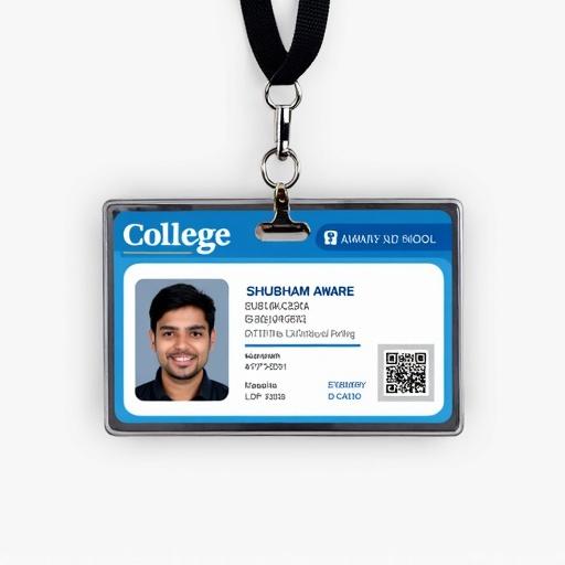 Image of a student ID card with blue and white design. ID card includes name and student ID number. Displays college name. Lanyard attached for carrying.