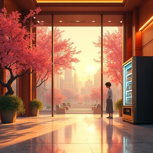 A futuristic townhouse lobby in 2090 featuring cherry blossom trees and a vending machine. The scene is set during noon with soft light. The lobby is luxurious and modern with a mix of gold and black colors. A child stands contemplatively in the space.