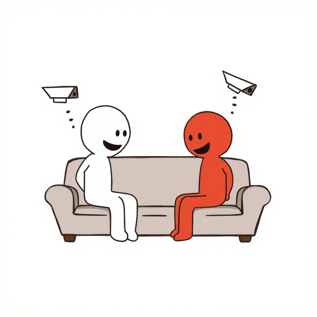 Doodle of two stick figures sitting on a couch. One figure is red and the other is white. Both figures are smiling and engaging in conversation. Security cameras are present in the image.