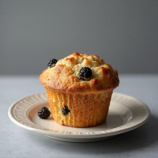Ultra-realistic studio photo of a raisin muffin cut in half on a beautiful plate. Gray background. Details clearly visible.