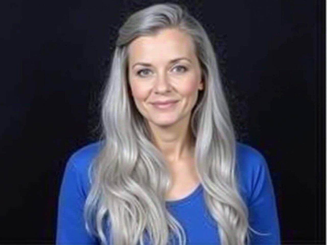 The image features a person with long, silver hair, styled neatly. They are wearing a blue top, which brings a vibrant touch to their appearance. The background is plain and dark, helping to draw attention to the person in the foreground. The facial features are obscured, so no detailed expression can be seen. Overall, the image conveys a sense of calmness and poise.