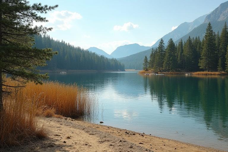 A tranquil lake nestled in a pine forest. The shore is sandy and lined with reeds. Mountains loom in the background. Trees surround the lake, creating a peaceful atmosphere.