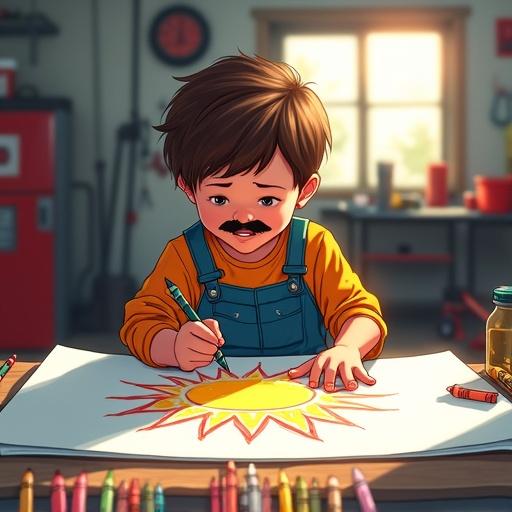 Playful imaginative scene in a car service garage. Young child drawing with crayons on a large sheet of paper. Whimsical cartoonish fake mustache worn. Oversized mechanic's coveralls on child. Cylinder head gasket used as stencil to trace a sun. Garage filled with tools and car parts. Warm sunlight streaming through window. Art style is vibrant semi-realistic with playful exaggeration. Mood is joyful and nostalgic with soft lighting and warm tones.