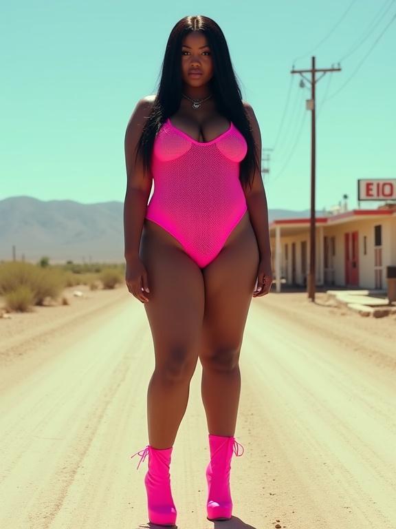 A voluptuous black woman stands in the desert wearing a neon pink fishnet bodysuit. She has long straight hair and platform heels. Her outfit is slightly dirty and frayed. The backdrop features a rundown motel and dusty road. She shows a wary expression.
