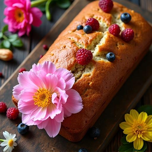 Image features a top view of a warm and inviting scene focusing on a vanilla loaf cake. Surrounding the cake are various berries and a prominent pink peony with a yellow center. Other flowers in shades of bright pink, yellow, and white, including lilies and freesias add to the cozy ambiance.