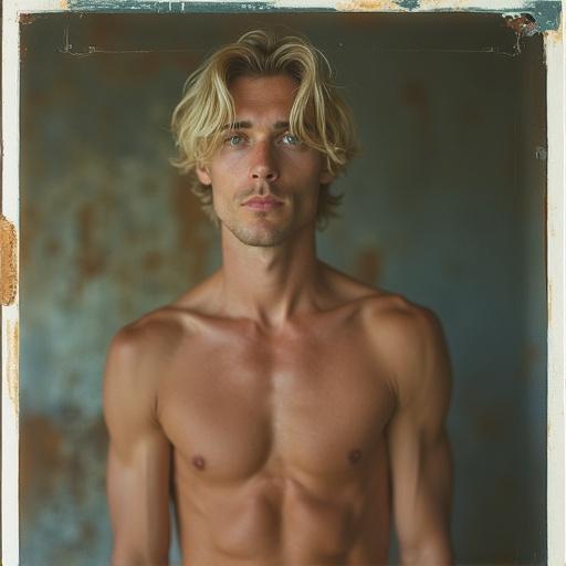 A muscular blonde man with a serious expression poses for a Polaroid photo. The background is slightly faded. The focus is on the subject's upper body and captivating gaze.