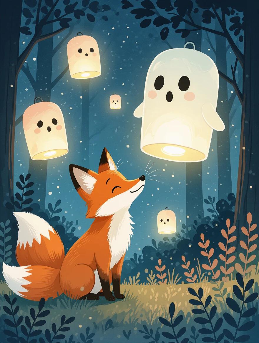 Curious fox has exaggerated features. Fox sniffs at floating ghost lanterns. The scene includes spooky ink splashes and stylized foliage. Night setting with glowing orbs. Whimsical surreal vibe. Fine ink lines and muted tones illustrate the magical forest ambiance.