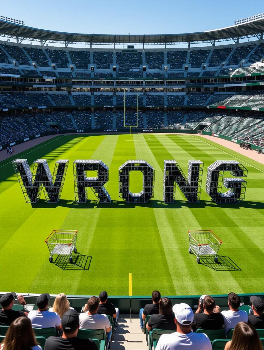 Photorealistic image of stadium in daylight. Shopping carts form the word 'WRONG' on green field. Spectators wear black sunglasses. Natural, bright lighting with clear skies. Surreal and ceremonial mood.