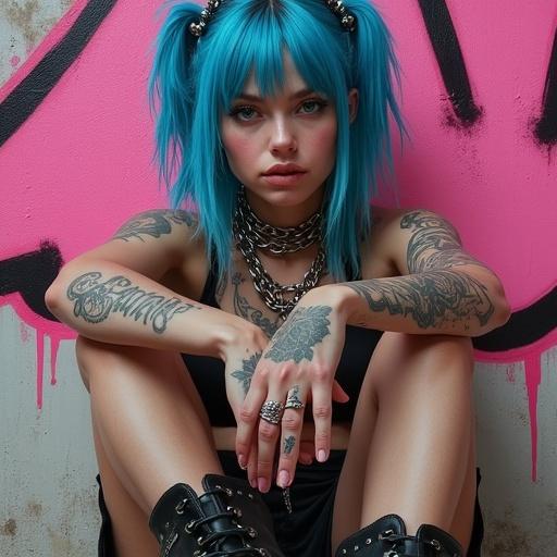 A punk woman with blue hair and tattoos sitting against a pink graffiti wall. She wears chains and military boots. Her hands rest on her knees, showcasing realistic anatomy and skin texture. Scene captures soft light and textured background.