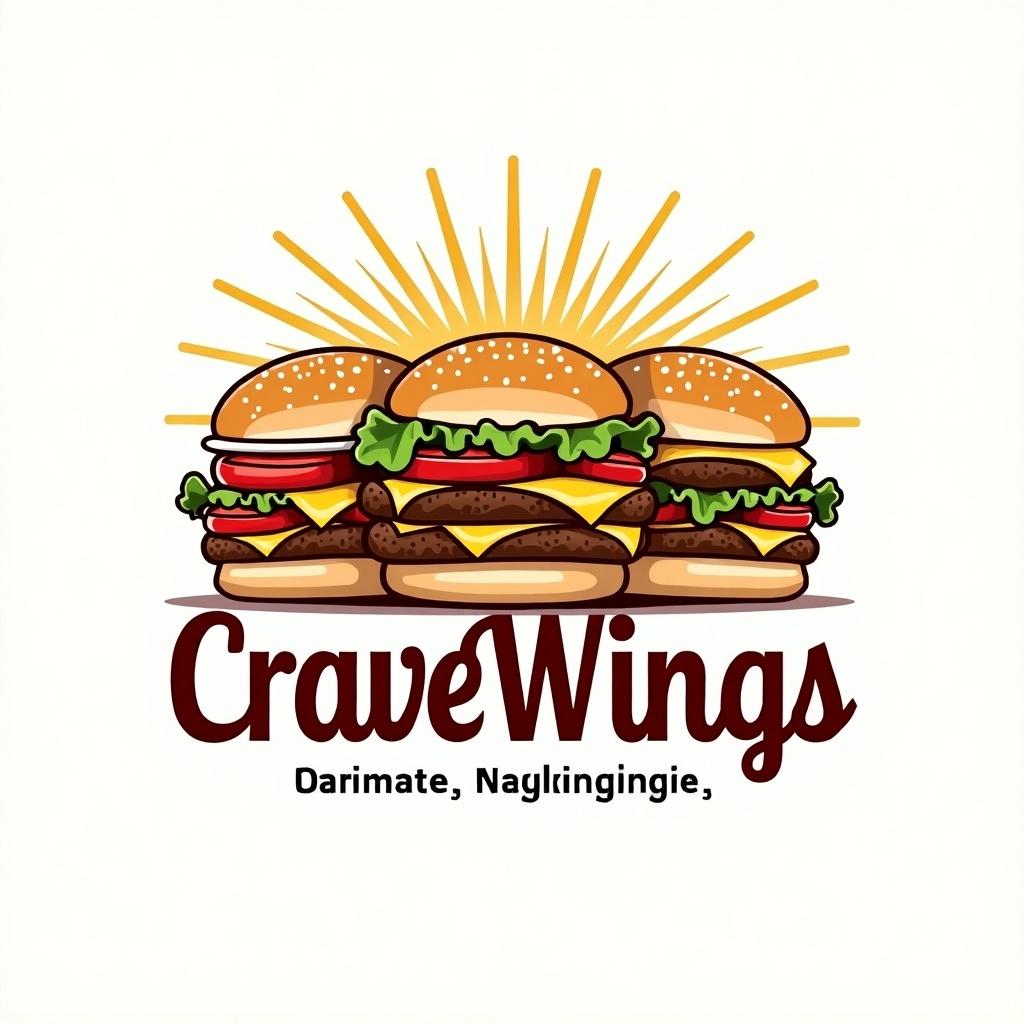 Vibrant and catchy logo design for an eatery called CraveWings. Logo features three stacked burgers with toppings. Sunshine rays in the background. Text includes the name 'CraveWings'.