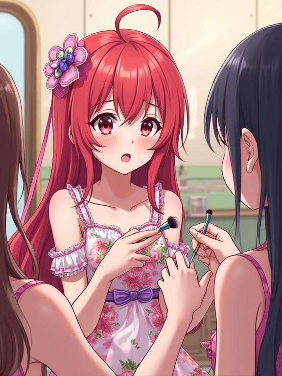 Red-faced character in flowery dress. Brightly painted lips. Looking uneasy. Two anime girls tease with makeup brushes. Feminine setting. Colorful ribbons and mirrors. Glossy anime style.