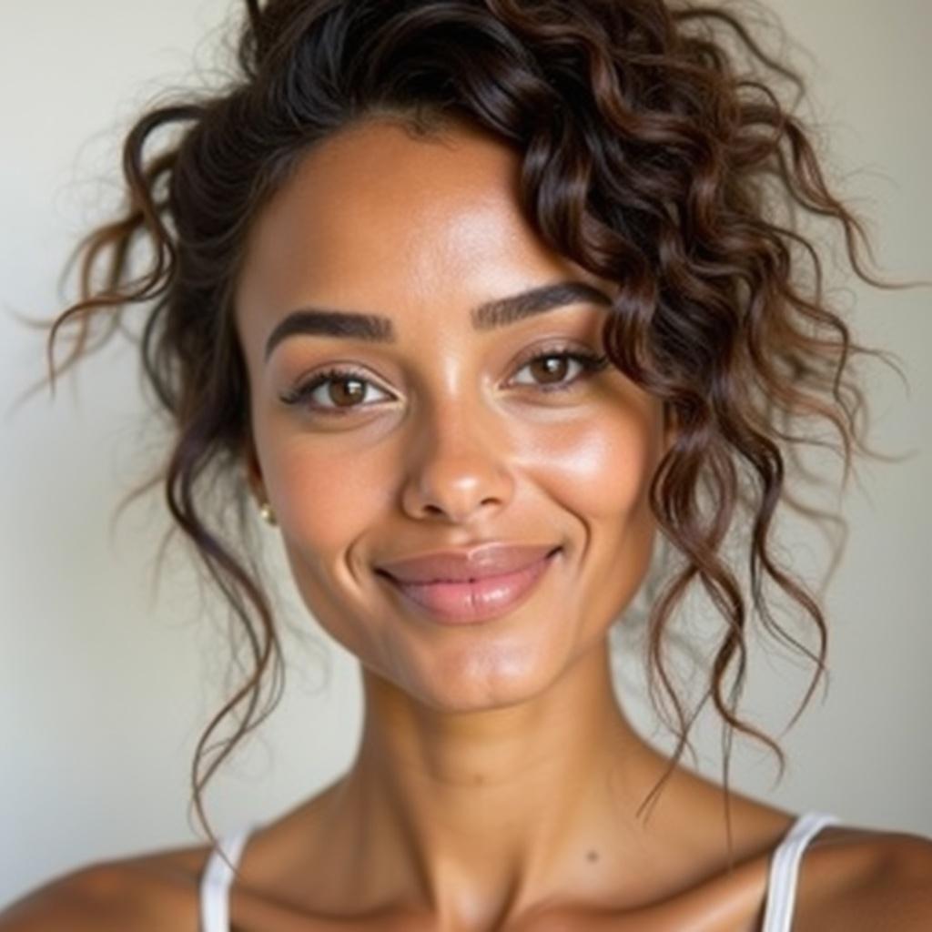 Natural beauty portrait highlights glowing skin and minimalist makeup. Focus on the subject's hair and skin without distraction. Captures freshness and elegance in a simple yet effective style.