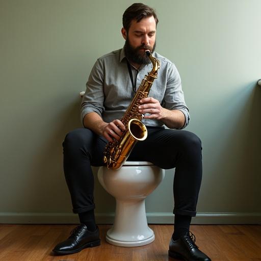 A man seated on a toilet playing a saxophone. His pants are down to his ankles. He has a relaxed posture and is focused on the music.