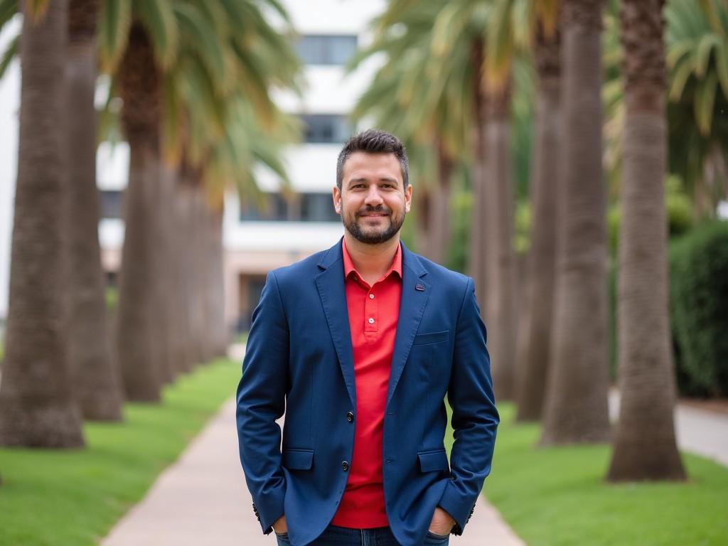 A man stands outdoors, surrounded by tall tropical palm trees on either side, creating a natural pathway. He is wearing a blue blazer over a red shirt, presenting a casual yet stylish appearance. The setting appears to be in a warm climate, with a mild, pleasing day atmosphere. The background showcases a building visible through the palms, enhancing the natural yet urban environment. The man has his hands in his pockets, exuding a relaxed and confident demeanor.