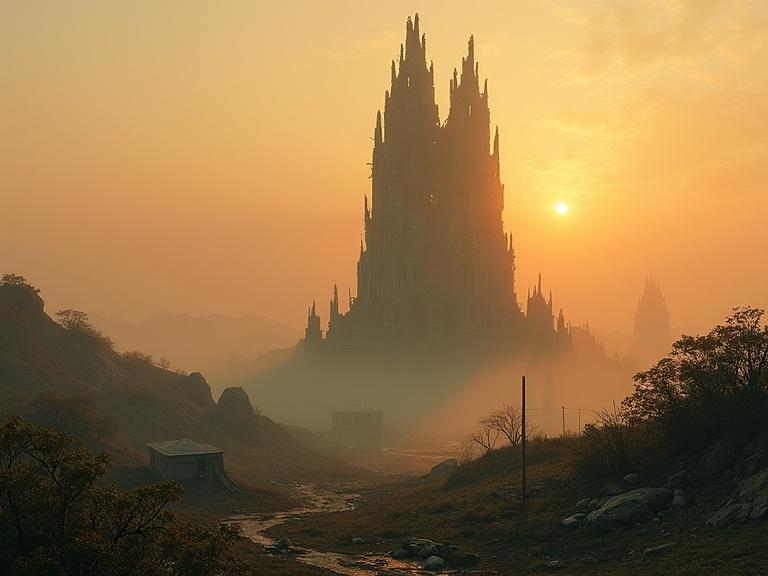 Futuristic ruined citadel in wasteland. Hazy atmosphere with fading sunlight. Post-human landscape at dusk. Half-collapsed citadel tower taken over by ivy. Dramatic and surreal landscape showcasing a sunset.