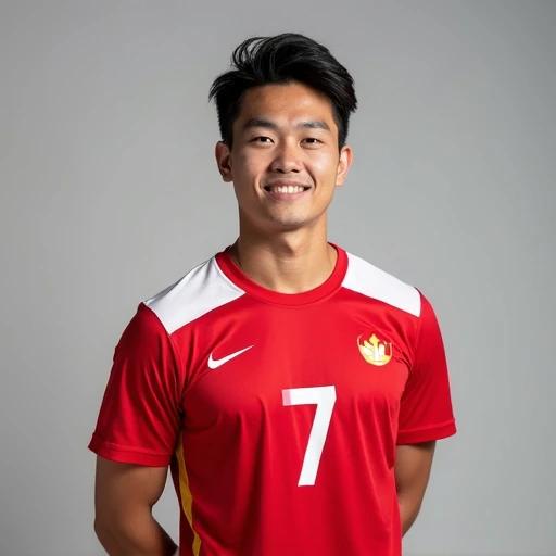 A young Asian male athlete poses in a volleyball uniform. The uniform features red colors with white and yellow accents. The number 7 is prominently displayed. The focus is on an attractive and confident athletic stance. The background is neutral to emphasize the subject.