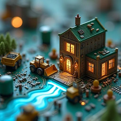 A microscopic city on a microchip with humans constructing a doll house. Various tools and machines including bulldozers and hammers are present. The doll house is life-sized. The cityscape features buildings resembling skyscrapers made of circuits. The architecture is intricate with vibrant colors and elements of fantastical realism. A glowing blue river runs through the scene, lined with LED lights. Large IC chips form mountains in the background.
