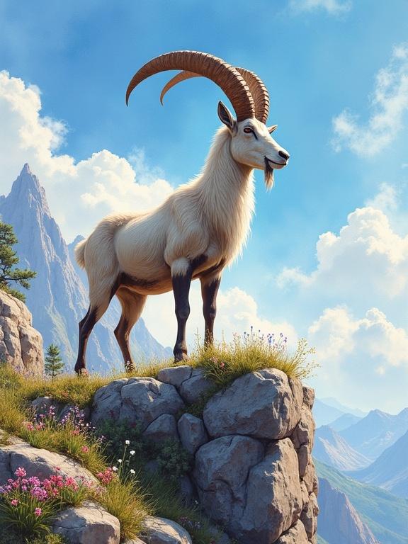 Picturesque scene featuring a majestic mountain goat on a cliff. Beautiful watercolor painting with high detail. Goat has huge twisted horns and stands confidently. Sun-drenched mountainous background and radiant blue sky. Bright flowers among rocks create a vibrant atmosphere. The artwork expresses admiration for the goat and joy of life.